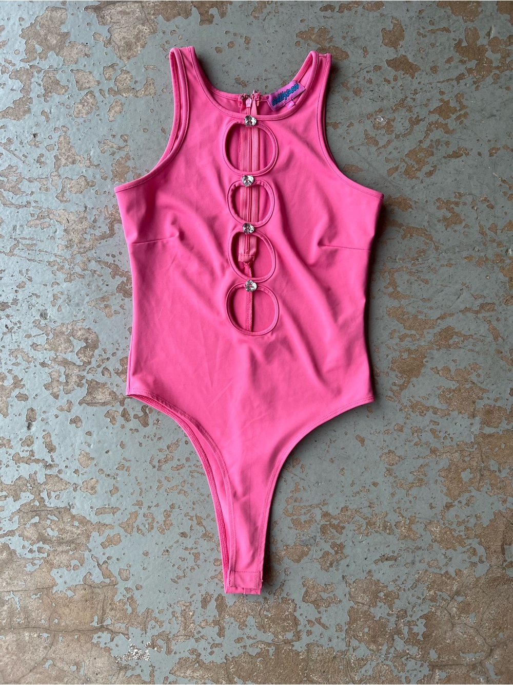 Hot Pink Cut Out Rhinestone Thong Bodysuit Rave or Exotic Dancewear